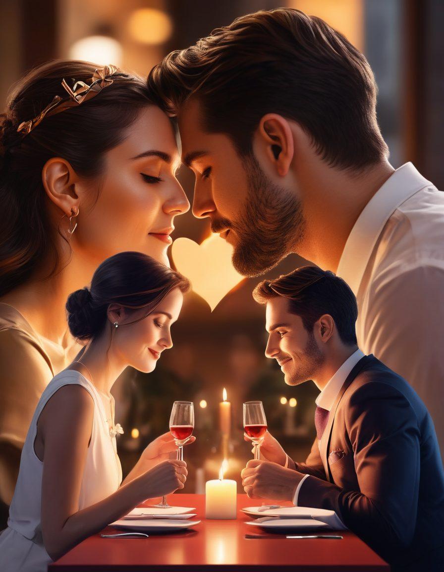 A split image depicting two contrasting scenes; on one side, a couple enjoying a romantic dinner, candlelight and soft smiles, symbolizing love; on the other side, a professional in a sleek office environment, confidently presenting ideas to colleagues, embodying career success. The background blends both worlds with hearts and gears intertwined, showcasing balance in romance and ambition. vibrant colors. super-realistic.
