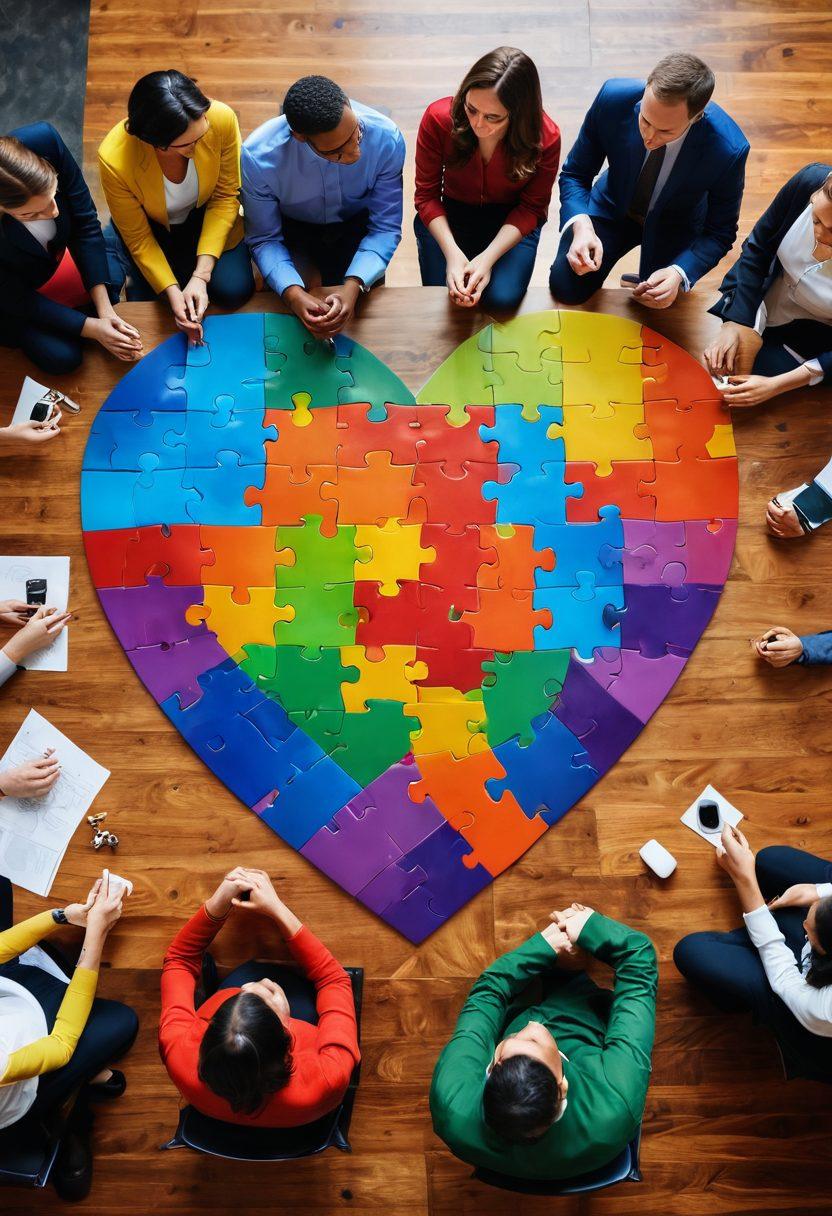 A heart-shaped puzzle made of colorful pieces, symbolizing the connection between love and professional success. Surround it with diverse professionals engaging in teamwork, sharing laughter, and building connections in a vibrant office environment. The backdrop features a skyline representing growth and ambition, merging the concepts of personal and professional relationships harmoniously. Include soft, warm lighting to evoke a sense of intimacy and collaboration. super-realistic. vibrant colors. 3D.