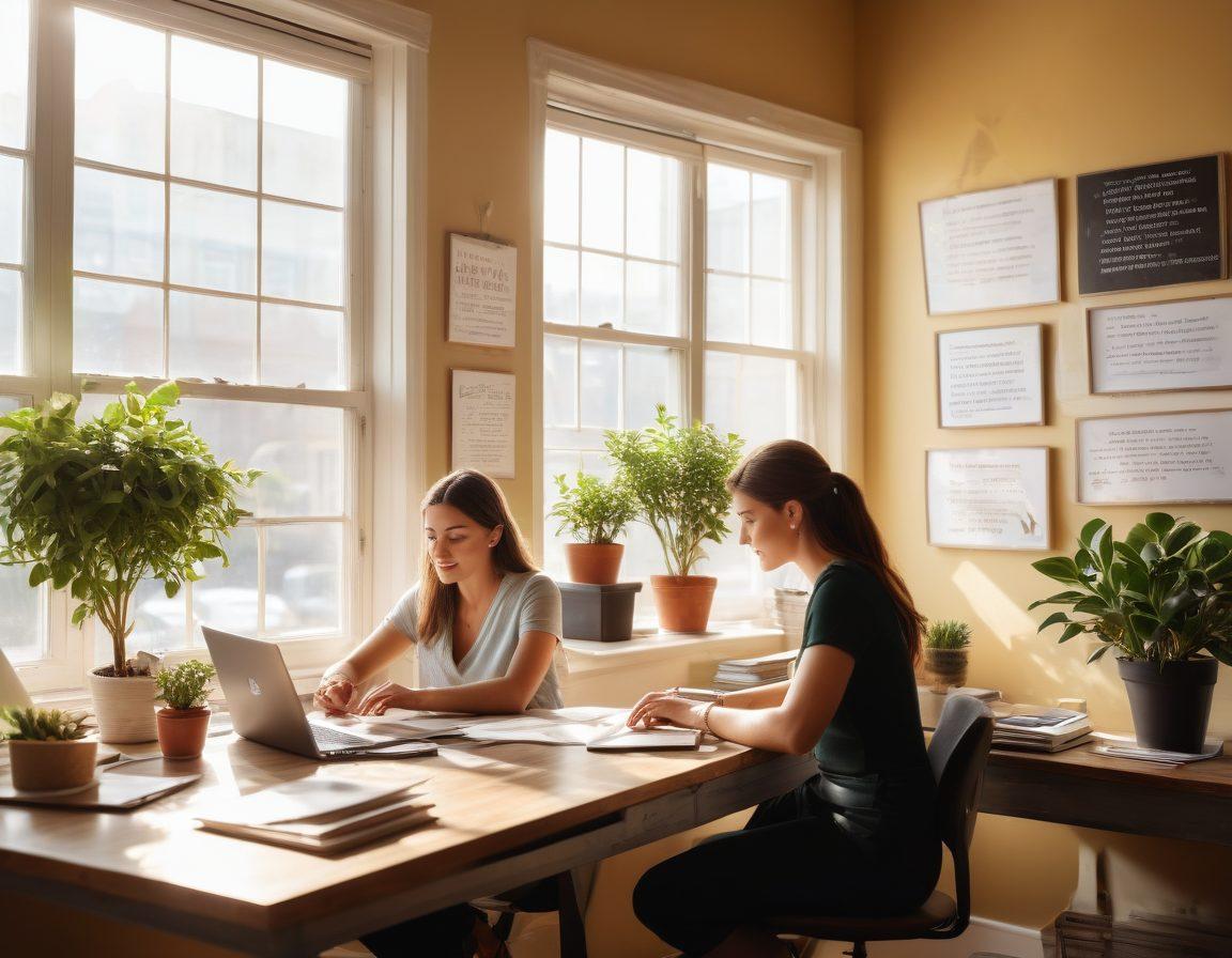 A serene office setting where a couple is working on their laptops side by side, surrounded by inspirational quotes about love and ambition on the walls. Sunlight streaming through a window, casting warm light on a small plant on the desk, symbolizing growth. In the background, a motivational poster that combines elements of romance and career success. soft focus, bright colors, modern design.